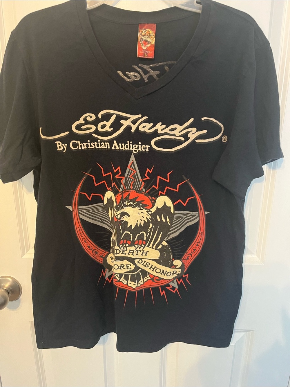 Ed Hardy Christian Audigier Black Graphic V-Neck T-Shirt with Red & Cream Eagle
